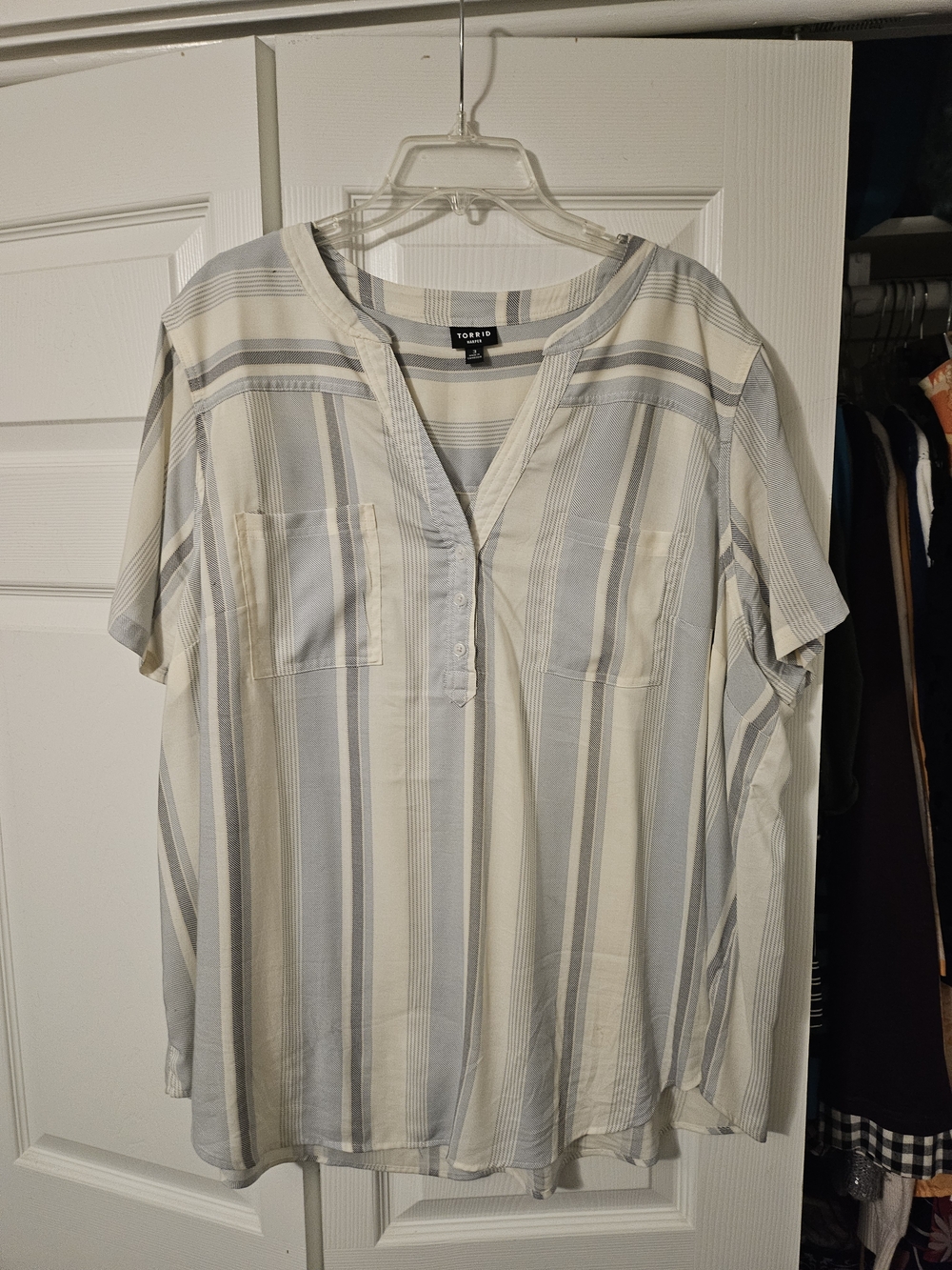 TORRID Light Blue and Cream Striped Henley Blouse